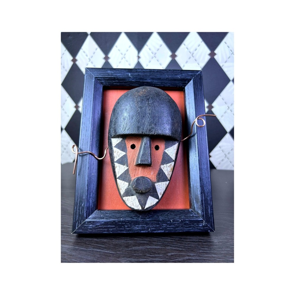 African Framed Tribal Mask Folk Art Assemblage 9x7" Dimensional Shelf Sculpture